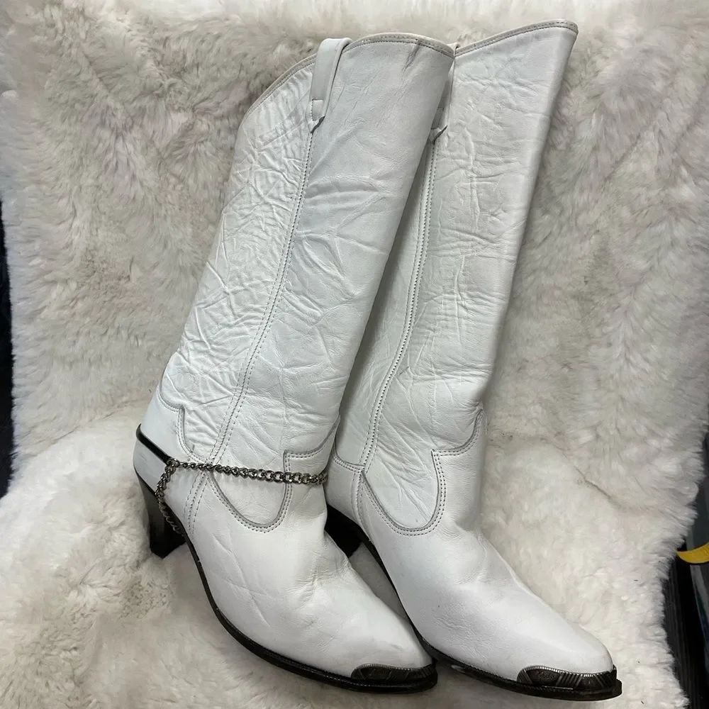 Rodeo Drive White Leather Western Chain Heeled Boots Size 8m — image 6 of 8